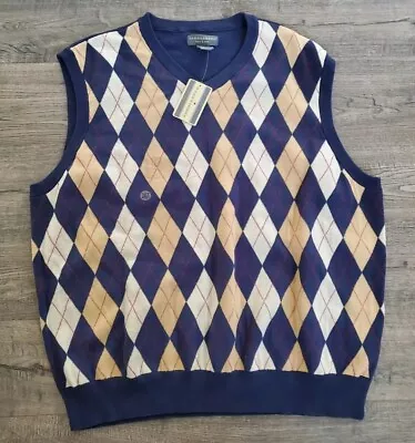 Saddlebred Sweater Vest Men's 2XLT Argyle Pattern Tan Navy Preppy Core • $22