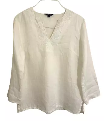 Lands' End Beaded Linen Top Blouse Size S (6-8) Ivory V Neck Shirt Long Sleeve • $24.99