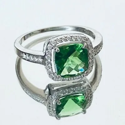 R0988G Mt St Helens Green Helenite Cushion 8mm 2.5Ct Halo Sterling Silver Ring • $80