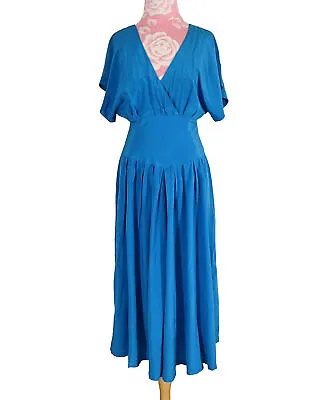 Vintage 90s Blue Silk Size 14 Button A-line Midi Dolman Dress Ann Tjian Kenar 2 • $74.50