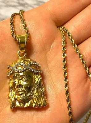 Men's 14k Gold Jesus Crucifix Head Piece Iced Pendant Rope Chain Italy Necklace • $23.99