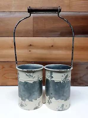 Rustic White Galvanized Metal Caddy Utensil Holder Flower Container 15  W/ Handl • $14