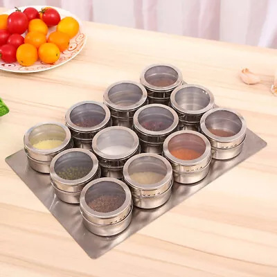 Set Of 4/6/9/12 Magnetic Spice Jars Rack Herb Tin Stainless Steel W/ Tray Holder • £10.95