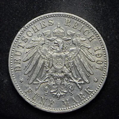 1907-F Germany 5 Mark Wuerttemberg .900 Silver (cn12860) • $70