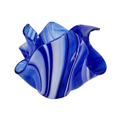 Studio 76 Art Glass Handkerchief Vase Cobalt Blue White Swirl Hand Blown Glass • $28