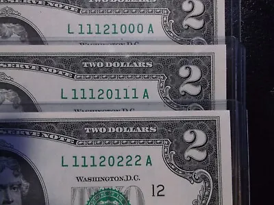 WOW! TRUE TRINARY's (3) $2 Dollar Bill Fancy Serial Number TRIPLE! 0s 1s And 2s! • $125