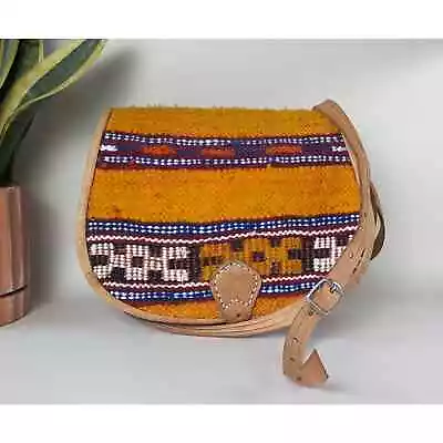 Vintage Colorful Wool Leather Moroccan Saddlebag Carpetbag Crossbody Purse • $72