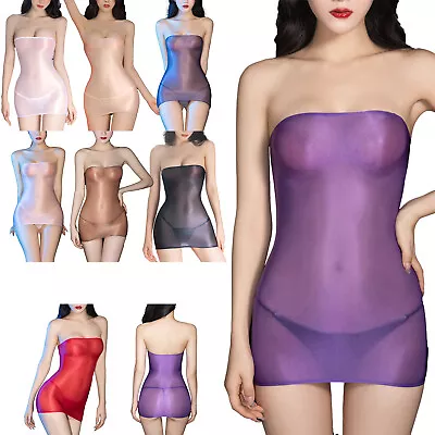Womens See-Through Strapless Dress Glossy Stretchy Bodycon Dresses + G-string • $9.67