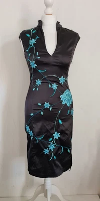 £19.99 • Buy Y2K Jane Norman Black Satin Dress Oriental Size 10 Pencil Wiggle Vintage Floral