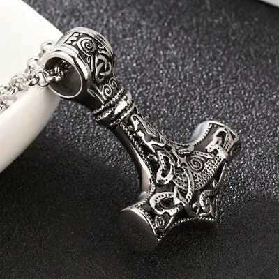  Mens Stainless Steel Norse Viking Thors Hammer Mjolnir Pendant Necklace • $9.99