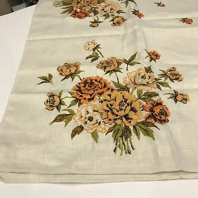 Vintage NOS New Linen Orange Brown Floral Cabbage Roses Tablecloth  • $42