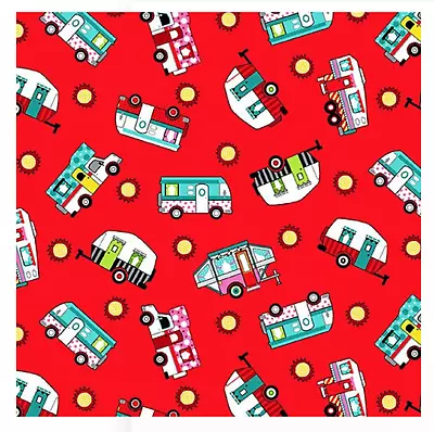 Roaming Holiday: Tossed Campers On Red- Studio E Sold By The Yard • $14