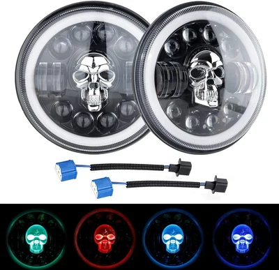 £89.99 • Buy Pair Skull Design Halo Ring DRL 7inch RGB LED Headlight For JEEP JK JL TJ 97-18