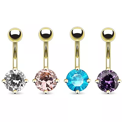 (1 Piece) Round CZ Prong Gold Belly Ring Plated Over Surgical Steel 14gB/1/7/182 • $3.99