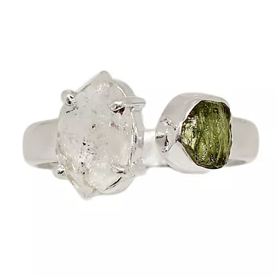 Natural Herkimer Diamond & Moldavite SE1S Silver Ring Jewelry S.8.5 CR39235 • $16.99