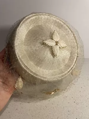 Vintage Shimmery Off White Netted Pillow Box Wedding Hat W/Raffia Leaf Details • $15