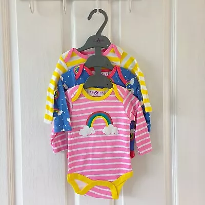 Girls 0-3 Months Popper Vests Long Sleeve Bodysuits 3 Pack Rainbow Striped  • £4.99