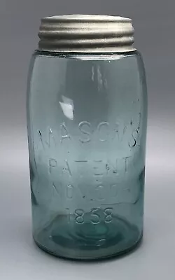 Vtg Mason’s Patent Nov 30th 1858 Blue Glass Quart Canning Jar & Ball Zinc Lid • $34.95