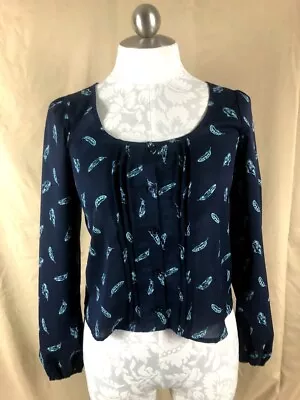 MUDD Womens Jrs Shirt Top Navy Sheer Feathers Long Sleeve Button Up Size XS  • $6.99