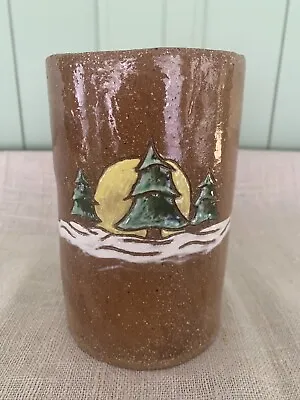 Vintage Mission Style Arts & Crafts Pottery Vase Scenic Trees And Sun • $21.25