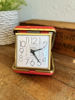 Vintage Timex Alarm Table Travel Clock Red Vinyl Case • $12
