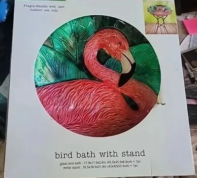 Flamingo Theme Bird Bath With Folding Metal Stand Glass Bowl Birdbath • $85