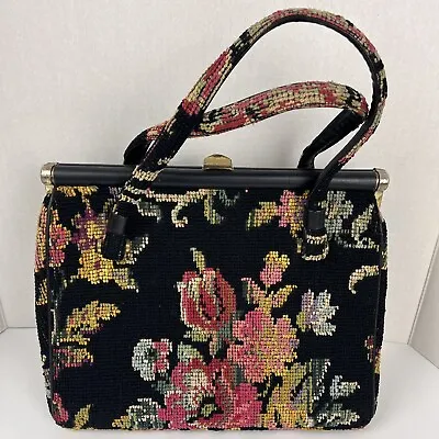 Vintage Women's Black Floral Tapestry Purse Carpet Needlepoint Handle Bag (M81) • $54