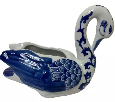 Vintage La Dolce Vita Blue Scroll Collection White Swan Planter Decor Vase • $7.95