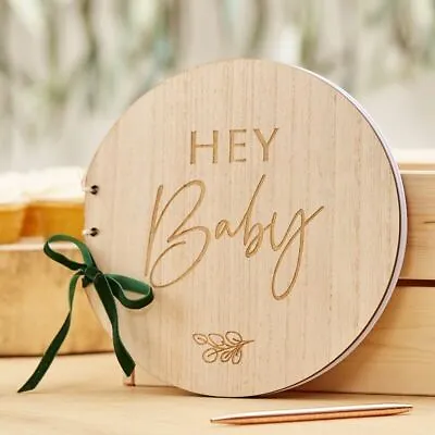 HEY BABY GUEST BOOK Shower Christening Party Wooden Hardback Memories 32 Pages • £13.90