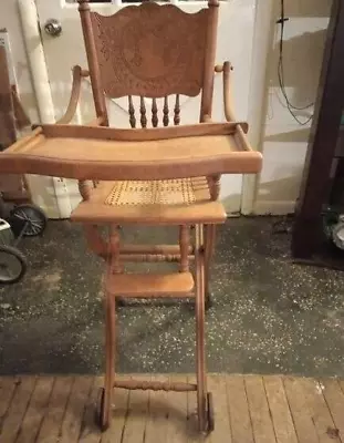 Antique Victorian Oak Cane High Chair Convertible 4 Positions Great Condition • $395