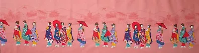 Japanese Cotton Fabric Geisha Kimono Panel Print Made In Japan Pink 28x110cm • £9.90