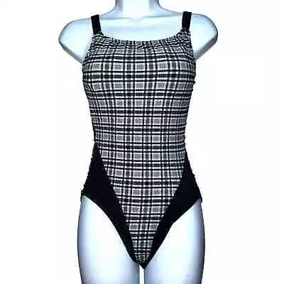 Vintage 90s 80s Mainstream Gingham Textured Black White One Piece Swimsuit 6 • $25