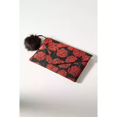 NWT!! Anthropologie MONSERAT DE LUCCA Floral Poppy Envelope Clutch Fur Pom Pom • $109.94