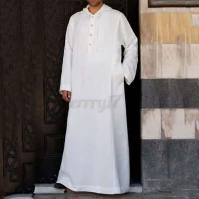 Men Hooded Long Sleeve Top Longshirt Jubba Baggy Abaya Kaftan T Shirt Tunic Gown • £12.07