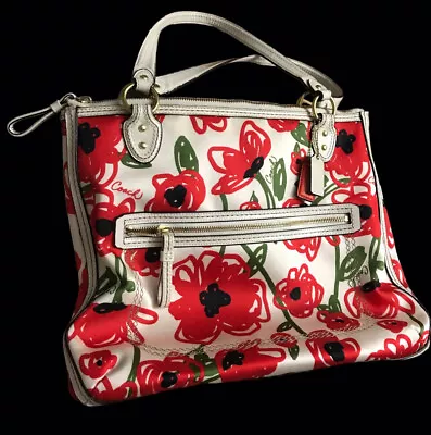 Coach Glam Zip Tote Bag Red Poppy White Green Floral Hallie Sateen Handbag • $150