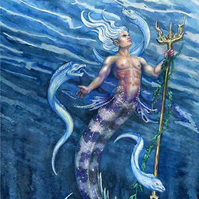  Deep Blue  Merman  Mermaid  Nautical Fish  Fantasy Art Print • $15.99