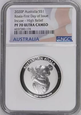 $249.95 • Buy 2020P Australia $1 1oz Silver Koala High Relief Incused Proof Coin NGC PF70 FDOI