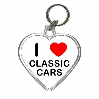 I Love Heart Classic Cars - Clear Plastic Heart Shaped Key Ring New • £4.49