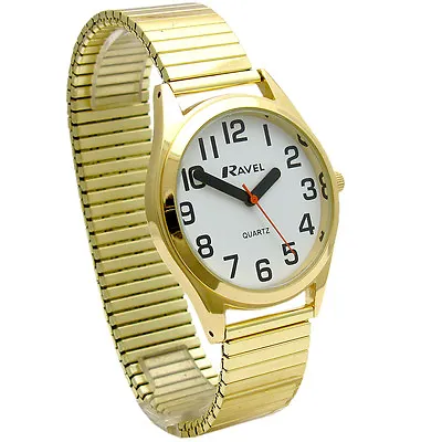 Men's Super-Clear Quartz Watch By Ravel With Expanding Bracelet Goldtone 21 • £9.99