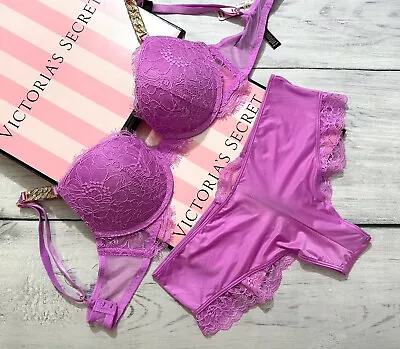 Victoria's Secret RHINESTONE CHAIN STRAP PUSH UP BRA Set Add 1 Cup Berry Gelato • $55