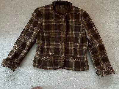 Caroline Charles  Jacket UK 14 Brown Green Check Mix Button Up 100% Wool Lined • £30