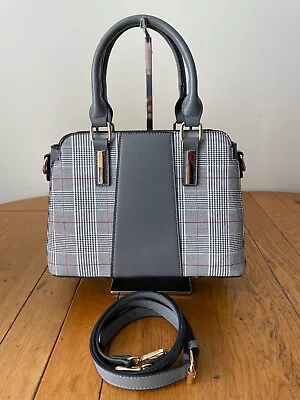 Grey Plaid Vegan PU Leather Zip Top Handbag Double Top Handle Grab Bag • £12.99