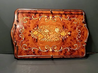Vtg Italy Inlaid Marquestry Wood Tray Flowers Glossy Finish Brass Rail & Handles • $49.99