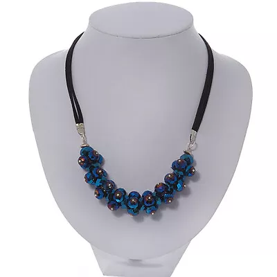 Faceted Glass Bead Faux Suede Necklace In Silver Tone/ Chameleon Blue/ 40cm L • $11.18