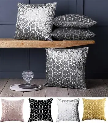 £19.99 • Buy Set Of 4 Metallic Geometric Crushed Velvet Sparkle Cushion Covers 