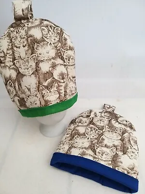 Egg Cosies Pair Insulated Quilted Hand Made Fabric Cats Design Easter Mother • £6.99