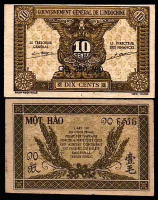 French Indo China 10 CENTS P-89 1942 AUNC Vietnamese World Currency VIETNAM NOTE • $9.99