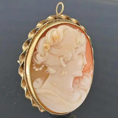 Well Carved Vintage 1950's Solid 14k Yellow GOLD CAMEO BROOCH / PENDANT Combo • $295