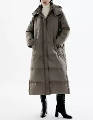 ZARA NEW WOMEN HOODED DOWN COAT EXTRA LONG Puffer CAMEL 3046/241 L • $222.65