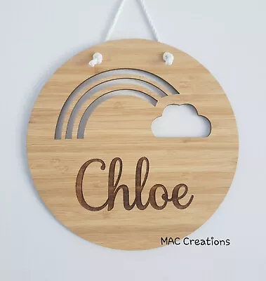 Personalised Wooden Name Wall Door Plaque Sign Nursery Baby Girl Round Rainbow  • $25